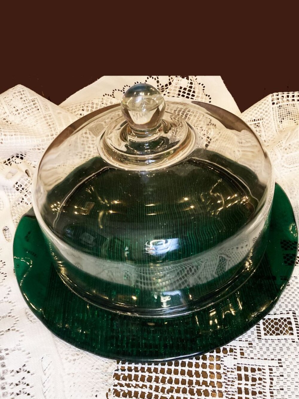 Vintage Anchor Hocking Hues Collection Forest Green Glass Cake Stand with Clear